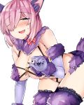  1girl all_fours animal_costume animal_ears bare_shoulders blush breasts claws cleavage elbow_gloves embarrassed fate/grand_order fate_(series) fur_trim gloves hair_over_one_eye halloween_costume jirou_(tamaho39) large_breasts pink_hair revealing_clothes shielder_(fate/grand_order) shiny shiny_hair short_hair smile solo sweatdrop tail thigh-highs violet_eyes wolf_costume wolf_ears wolf_tail 