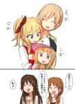  5girls ^_^ ^o^ aiba_yumi blonde_hair blue_eyes brown_eyes brown_hair closed_eyes comic commentary_request eyebrows eyebrows_visible_through_hair female hair_ornament hair_ribbon hairclip hat himekawa_yuki ichihara_nina idolmaster idolmaster_cinderella_girls jacket katagiri_sanae kumamoto_aichi letterman_jacket long_hair low_twintails multiple_girls ootsuki_yui open_mouth ribbon side_ponytail smile speech_bubble translation_request twintails upper_body 