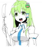  1girl :d ahoge bangs bare_shoulders breasts detached_sleeves eyebrows eyebrows_visible_through_hair frog_hair_ornament gohei green_hair hair_ornament hair_tubes holding kochiya_sanae long_hair long_sleeves medium_breasts nontraditional_miko open_mouth ribbon_trim shiori_(moechin) simple_background sketch smile snake_hair_ornament solo taut_clothes teeth touhou upper_body white_background 