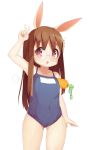  1girl absurdres animal_ears arm_up brown_eyes brown_hair carrot christiana_(manager_i_c) covered_navel elin_(tera) glasses highres long_hair one-piece_swimsuit open_mouth rabbit_ears school_swimsuit smile solo swimsuit tera_online v 
