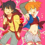  1boy 1girl black_hair cosplay costume_switch crop_top fishing_rod hand_in_pocket hands_up highres hood hooded_jacket jacket kash-phia kasumi_(pokemon) looking_at_viewer navel open_mouth orange_hair pokeball_symbol pokemon pokemon_(anime) satoshi_(pokemon) short_hair shorts 