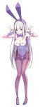  1girl alternate_costume animal_ears bare_shoulders black_legwear blush bow bowtie breasts bunny_girl bunny_tail bunnysuit covered_navel detached_collar double_v emilia_(re:zero) fake_animal_ears full_body hair_ornament leaning_forward leotard long_hair looking_at_viewer medium_breasts pantyhose purple_bow purple_bowtie purple_hair rabbit_ears re:zero_kara_hajimeru_isekai_seikatsu sando_(dukedevil) simple_background solo standing tail v very_long_hair violet_eyes white_background wrist_cuffs 