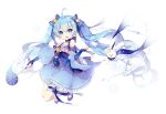  1girl ahoge blue_eyes blue_hair dress elbow_gloves fingerless_gloves gloves hair_ornament hairclip hatsune_miku lf long_hair one_eye_closed rabbit twintails very_long_hair vocaloid wand white_background yuki_miku yukine_(vocaloid) 