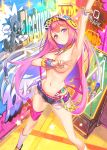  arm_up covered_nipples denim denim_shorts graffiti hat jewelry long_hair looking_at_viewer navel necklace official_art pink_hair pop_kyun qurare_magic_library short_shorts shorts standing suspenders suspenders_slip 