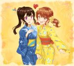  2girls black_hair blush brown_eyes brown_hair grav heart hibike!_euphonium holding_hands japanese_clothes kimono kousaka_reina long_hair multiple_girls oumae_kumiko ponytail short_hair standing twintails violet_eyes yukata 