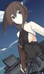  1girl black_eyes blue_sky breasts brown_hair clouds highres kantai_collection mikoto_(oi_plus) rigging sideboob sketch sky smile solo taihou_(kantai_collection) 
