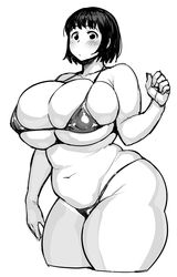  1girl belly bikini covered_nipples curvy highres looking_at_viewer monochrome navel plump short_hair simple_background skindentation solo swimsuit synecdoche thick_thighs thighs white_background 