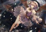  1girl alternate_costume bat_wings belt black_ribbon black_shoes blurry bobby_socks breasts closed_mouth corset depth_of_field dress dutch_angle elise_(piclic) flower hat hat_ribbon highres juliet_sleeves lavender_hair long_sleeves looking_at_viewer mob_cap neck_ribbon puffy_sleeves purple_dress red_eyes remilia_scarlet ribbon rose shoes short_hair small_breasts socks solo spear_the_gungnir touhou white_legwear white_rose wide_sleeves wings 