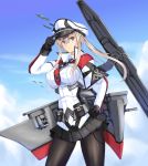  1girl absurdres adjusting_clothes adjusting_hat aircraft airplane anchor black_gloves black_legwear blonde_hair blue_eyes blue_sky breasts capelet clouds gloves graf_zeppelin_(kantai_collection) hair_between_eyes hand_on_hip hat highres iron_cross kantai_collection large_breasts long_sleeves luna_(gunfire) machinery military military_hat military_uniform miniskirt necktie outdoors pantyhose peaked_cap pleated_skirt sidelocks skirt sky solo tsurime twintails uniform white_hat 