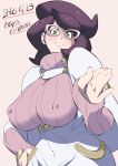  1girl breasts covered_nipples dated green_eyes hand_in_pocket highres large_breasts looking_at_viewer pokemon pokemon_(game) pokemon_sm purple_hair select_(dragon62) short_hair smile solo turtleneck turtleneck_sweater twitter_username wicke_(pokemon) 