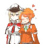  2girls :3 aquila_(kantai_collection) blonde_hair blue_eyes blush capelet closed_eyes graf_zeppelin_(kantai_collection) hair_ornament hairclip hat heart high_ponytail iron_cross kantai_collection lowres military_hat multiple_girls open_mouth orange_hair peaked_cap rebecca_(keinelove) ribbon side-by-side sidelocks twintails upper_body white_hat yuri 