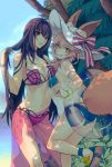  2girls adjusting_hair animal_ears ass ass_visible_through_thighs asymmetrical_docking bare_shoulders bikini breast_press breasts fate/grand_order fate_(series) licking_lips looking_to_the_side multiple_girls nishi_juuji palm_tree pink_hair purple_hair red_eyes scathach_(fate)_(all) scathach_(swimsuit_assassin)_(fate) see-through smile swimsuit tail tamamo_(fate)_(all) tamamo_no_mae_(swimsuit_lancer)_(fate) tongue tongue_out tree yellow_eyes 