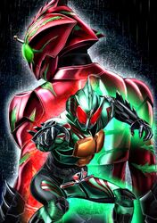  2boys absurdres belt commentary_request green_eyes highres kamen_rider kamen_rider_amazon_alpha kamen_rider_amazon_omega kamen_rider_amazons male masukudo_(hamamoto_hikaru) multiple_boys red_eyes 