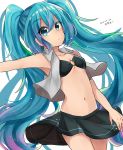  2016 black_bikini_top black_bra black_skirt blue_eyes blue_hair bra breasts cleavage collarbone dated earrings hatsune_miku highres jewelry long_hair looking_at_viewer navel o-ring_top signature skirt small_breasts twintails under_boob underwear vocaloid 