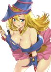  1girl bare_shoulders blonde_hair blue_eyes blush breasts choker cleavage commentary_request dark_magician_girl eyebrows hat highres large_breasts long_hair looking_at_viewer nekotama1987 off_shoulder open_mouth pentacle simple_background solo wand white_background wizard_hat yuu-gi-ou 