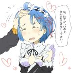  blue_eyes blue_hair detached_sleeves forehead frilled_sleeves frills gedou_(ge_ge_gedou) hair_ornament hair_ribbon maid maid_headdress natsuki_subaru pink_ribbon re:zero_kara_hajimeru_isekai_seikatsu rem_(re:zero) ribbon short_hair translation_request x_hair_ornament 