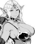  1girl breasts character_request copyright_request dark_skin eyes_visible_through_hair jewelry kinntarou large_breasts long_hair monochrome pointy_ears smile solo upper_body wrist_cuffs 