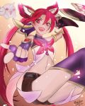  1girl bare_shoulders fingerless_gloves flat_chest full_body gloves highres jinx_(league_of_legends) league_of_legends long_hair looking_at_viewer nekobox open_mouth red_eyes redhead sleeveless sleeveless_turtleneck smile solo star star-shaped_pupils star_guardian_jinx symbol-shaped_pupils turtleneck twintails very_long_hair 