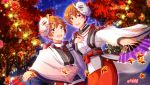  2boys aoi_kyousuke aoi_yuusuke brothers fan folding_fan fox_mask idolmaster idolmaster_side-m japanese_clothes kariginu lights looking_at_viewer male_focus mask multiple_boys muraiaria orange_hair siblings tree twins w_(idolmaster) wide_sleeves 