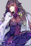  1girl bodysuit breasts covered_navel fate/grand_order fate_(series) long_hair looking_at_viewer nishi_juuji purple_background purple_hair red_eyes scathach_(fate/grand_order) simple_background sitting slit_pupils solo veil 