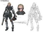  1girl armor battle_rifle blonde_hair blue_eyes breasts commentary forehead full_body gun headset headwear_removed helmet helmet_removed highres knee_pads knife lineart lips operator pauldrons pouch power_armor rifle scarf science_fiction scouter sheath sheathed short_hair small_breasts solo titanfall weapon woo_kim 