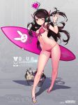  1girl alternate_costume bangs bikini bracelet breasts brown_hair character_name circuit_board d.va_(overwatch) drink facial_mark headphones jewelry long_hair mandrill medium_breasts one_eye_closed overwatch solo surfboard swept_bangs swimsuit watermark web_address whisker_markings 