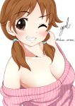 1girl artist_name bare_shoulders blush breasts brown_eyes brown_hair cleavage grin highres idolmaster idolmaster_cinderella_girls kakure_animani katagiri_sanae looking_at_viewer off_shoulder one_eye_closed ribbed_sweater smile solo sweater twintails upper_body white_background 