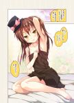  1girl arm_up armpits bangs barefoot bed_sheet blush bow brown_eyes brown_hair cafe-chan_to_break_time cafe_(cafe-chan_to_break_time) coffee_beans comic commentary_request hair_between_eyes hand_in_hair hat hat_bow long_hair looking_at_viewer naked_towel pink_bow porurin_(do-desho) sitting smile solo towel translation_request yokozuwari 