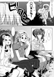  ... 3girls bare_shoulders closed_eyes clothes_writing comic dress flower greyscale hair_flower hair_ornament highres japanese_clothes kimono mask mimoto_(aszxdfcv) monochrome multiple_girls original rock shaded_face shirt side_ponytail sitting spoken_ellipsis sweat t-shirt translation_request 