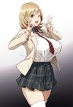  1girl ;d breasts brown_eyes cowboy_shot double_v dress_shirt gradient gradient_background hair_ornament hairclip highres houtengeki huge_breasts jacket light_brown_hair long_sleeves looking_at_viewer narusawa_ryouka necktie occultic;nine one_eye_closed open_clothes open_jacket open_mouth plaid plaid_skirt shirt short_hair skirt smile solo striped striped_necktie thigh-highs v white_legwear white_shirt 