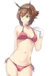  1girl arms_behind_back bikini breasts brown_hair collarbone commentary_request eyebrows eyebrows_visible_through_hair gloves green_eyes hair_between_eyes headgear highres kantai_collection medium_breasts mutsu_(kantai_collection) navel red_bikini short_hair side-tie_bikini simple_background solo strap_gap swimsuit thigh_gap white_gloves yoxtut 