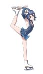  1girl armpits arms_up blue_hair character_name choker copyright_request flexible flower full_body hair_flower hair_ornament ice_skates leg_up leotard looking_at_viewer short_hair simple_background skates smile solo white_background yellow_eyes 