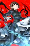  1girl bodysuit brown_hair chain ground_vehicle highres looking_at_viewer motor_vehicle motorcycle niijima_makoto omoti_(1201208) persona persona_5 red_background red_eyes solo 