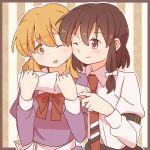  2girls :d arm_around_neck armband black_skirt blonde_hair bow braid brown_hair collared_shirt commentary_request dress hair_bow long_sleeves maribel_hearn multiple_girls necktie no_hat no_headwear one_eye_closed open_mouth purple_dress red_bow red_necktie shirt short_hair single_braid skirt smile striped striped_background touhou unagi_sango usami_renko white_bow 