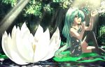  1girl aqua_hair aqua_nails brown_eyes butterfly flower forest hatsune_miku highres light lily_pad miturousoku nail_polish nature necktie open_mouth shirt sitting sleeveless sleeveless_shirt solo twintails vocaloid 