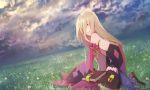  1girl bare_shoulders blonde_hair book breasts clouds cloudy_sky crying crying_with_eyes_open detached_sleeves field green_eyes hair_over_eyes hip_vent long_hair looking_at_viewer magilou_(tales) making_of sideboob sitting sky small_breasts solo tales_of_(series) tales_of_berseria tears tusia 