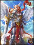  1girl angel bird blue_eyes clouds cowter from_below head_wings highres ken_(kenshjn_park) looking_to_the_side pauldrons sky solo standard_bearer sword weapon wings 