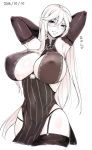  1girl 2016 armpits arms_up bare_shoulders blush breasts dated detached_sleeves garter_straps granblue_fantasy hair_between_eyes heart huge_breasts kamaboko_(ossann0125) long_hair magisa_(granblue_fantasy) monochrome open_mouth signature smile solo thigh-highs 