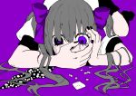  1girl all_fours bangs black_eyes black_nails black_skirt covering_mouth drugs grey_hair hair_between_eyes hair_ribbon hand_on_own_face hata-tan heterochromia himekaidou_hatate long_hair nail_polish pill purple_background purple_ribbon ribbon shiori_(moechin) shirt short_sleeves simple_background skirt solo tears touhou twintails violet_eyes white_shirt 