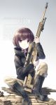  &gt;:) 1girl 2016 accuracy_international ax338 bipod boots brick brown_eyes brown_hair camouflage dated english gradient gradient_background gun highres holding holding_gun holding_weapon jacket knees_up long_sleeves looking_at_viewer makadamixa military original pants pavement rifle scope shell_casing shoelaces short_hair signature sitting smile sniper_rifle solo weapon 