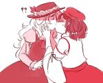  2girls ?? bare_shoulders blush bow closed_eyes detached_sleeves dolls_in_pseudo_paradise dress hair_bow hat japanese_clothes juliet_sleeves kiss long_sleeves minibow multiple_girls muted_color nekolina puffy_sleeves shaded_face sketch sweat touhou yuri 