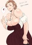  1girl bare_shoulders breasts brown_hair bursting_breasts character_request cleavage dated garter_straps heart highres jewelry large_breasts long_hair looking_at_viewer mole mole_under_eye necklace red_eyes select_(dragon62) sketch smile solo spoken_heart twitter_username v 