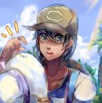  1girl baseball_cap black_hair clouds cloudy_sky dark_skin dark_skinned_male hat highres holding holding_hat kash-phia male_protagonist_(pokemon_sm) pokemon pokemon_(game) pokemon_sm shirt short_hair sky sun_hat tan 