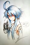  1girl ahoge blanc blue_hair highres isaki_tanaka looking_at_viewer neptune_(series) power_symbol red_eyes short_hair_with_long_locks sketch solo symbol-shaped_pupils thumbs_up traditional_media white_heart 