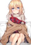  1girl blonde_hair blue_eyes blush eyebrows eyebrows_visible_through_hair hakuishi_aoi long_hair looking_at_viewer original parted_lips plaid ribbed_sweater sitting solo sweater 