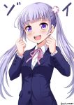  1girl buttons eyebrows eyebrows_visible_through_hair jacket long_hair long_sleeves looking_at_viewer new_game! open_mouth purple_hair purple_jacket sakiyamama shirt simple_background solo suzukaze_aoba twintails twitter_username upper_body violet_eyes white_shirt 