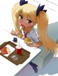  1girl bangs blonde_hair blush brown_eyes drink food french_fries from_above glasses hair_ornament hamburger high_heels long_hair mcdonald&#039;s necktie open_mouth retoree show_by_rock!! sitting solo tray twintails zanzi 
