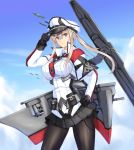  1girl aa_gun absurdres adjusting_clothes adjusting_hat anchor bf_109 black_gloves black_legwear blonde_hair breasts cannon capelet celtic_knot clouds cloudy_sky cross flight_deck gloves graf_zeppelin_(kantai_collection) grey_eyes hair_between_eyes hand_on_hip hat highres iron_cross jacket kantai_collection large_breasts luna_(gunfire) machinery military military_uniform miniskirt necktie outdoors pantyhose peaked_cap sidelocks skirt sky solo tsurime twintails uniform white_hat 