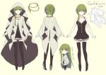  1girl arms_at_sides bangs bare_arms black_boots black_dress blush boots breasts character_sheet chibi cleavage collarbone cross cross_necklace dress full_body green_eyes green_hair habit hair_between_eyes hair_up halterneck high_heel_boots high_heels jewelry kazutake_hazano long_hair long_sleeves medium_breasts multiple_views necklace necklace_removed nun original short_dress sidelocks simple_background standing thigh-highs thigh_boots turnaround veil wide_sleeves yellow_background 