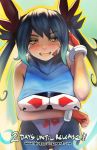  1girl @_@ adjusting_hair blue_hair blue_revolver bodysuit bow breasts comic-z countdown gloves hair_bow headgear ira_(blue_revolver) long_hair official_art outline promotional_art red_gloves sleeveless smile solo twintails very_long_hair yellow_eyes 